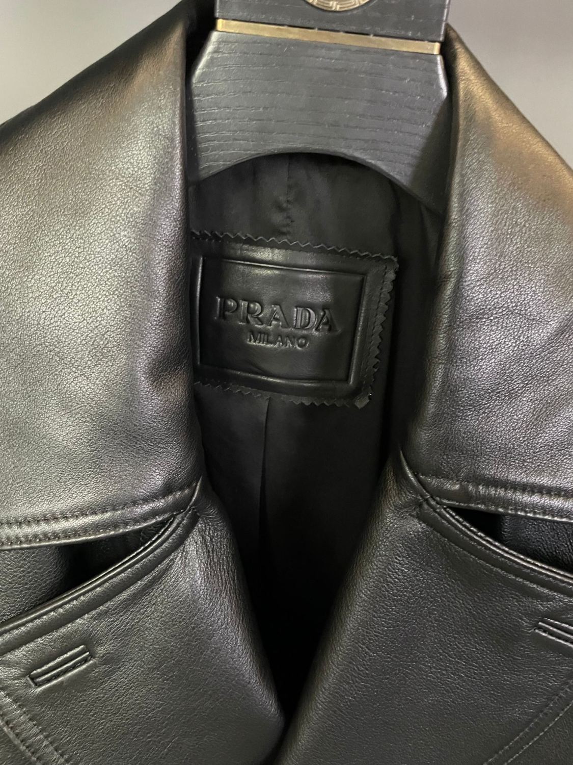 Prada Men's Fall And Winter Fashion Double-Breasted Strap Waist Long Casual Black Long-Sleeved Cowhide Trench Coat Jacket #9297