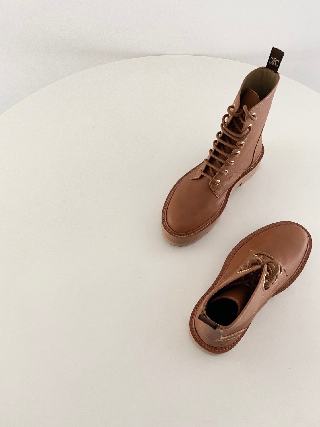 Celine Bulky Women's Solid Color Comfortable Leather Thick Sole Lace-Up Mid-Length Boots Shoes #73715