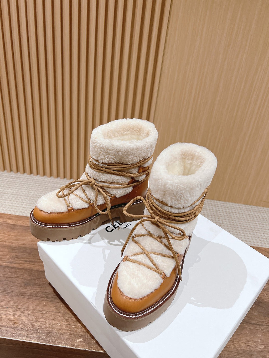 Celine Bulky Lace Up Boot in Shearling and Calfskin #292286