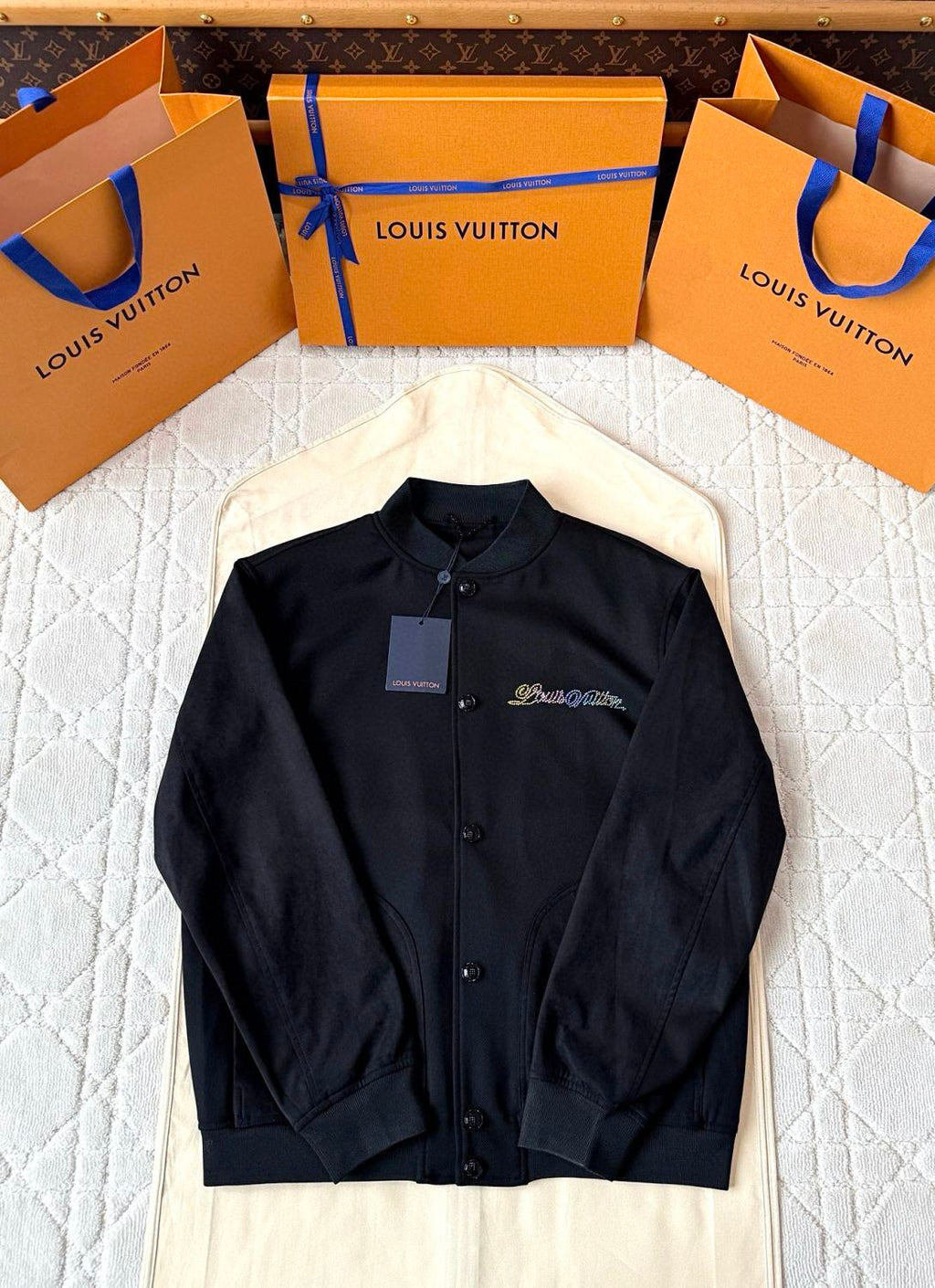 Louis Vuitton Men's Spring And Fall Solid Color Mixed Leather Single Breasted Drawstring Baseball Jacket #76378