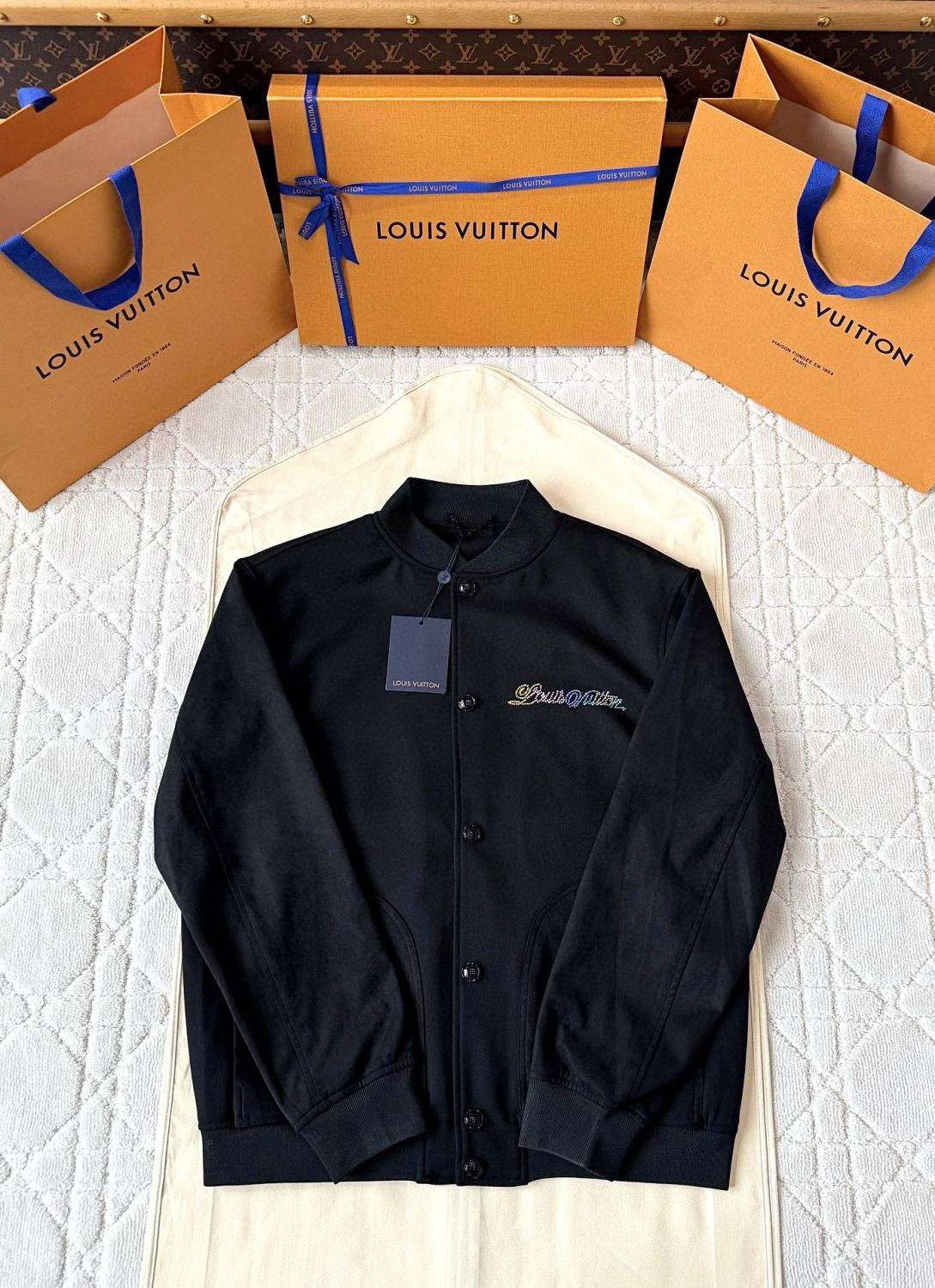 Louis Vuitton Men's Spring And Fall Solid Color Mixed Leather Single Breasted Drawstring Baseball Jacket #76378