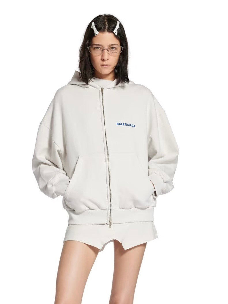 Balenciaga 25FW New Letters Embroidered Logo Hooded Zipper Jacket Cotton Terry Fabric Loose Short Design Simple Embroidery Logo Finished Washing Old destruction Process #332365