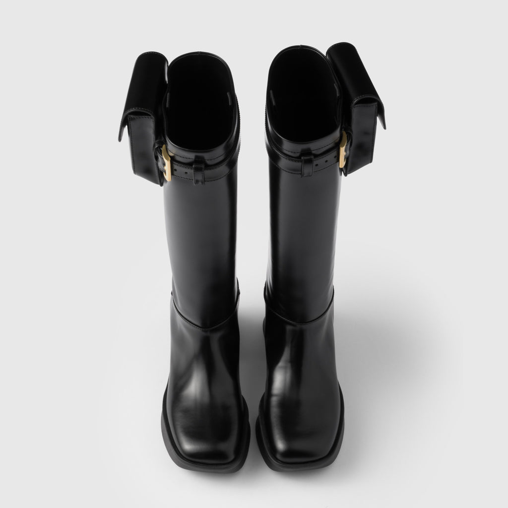 Prada Women's Autumn/winter Fashion Classic Solid Color Round Toe Buckle Shiny Leather High Top Thick Sole Boots Shoes #78385