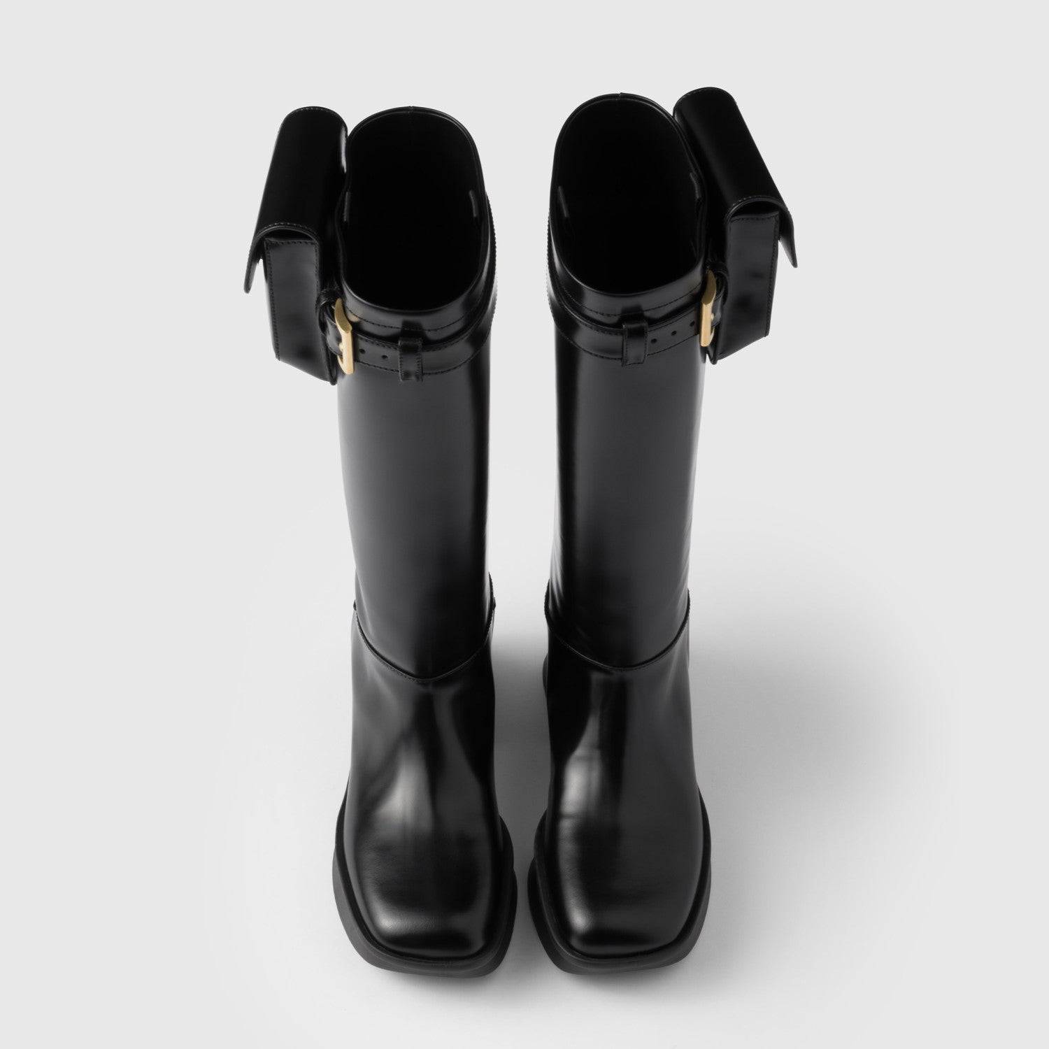 Prada Women's Autumn/winter Fashion Classic Solid Color Round Toe Buckle Shiny Leather High Top Thick Sole Boots Shoes #78385