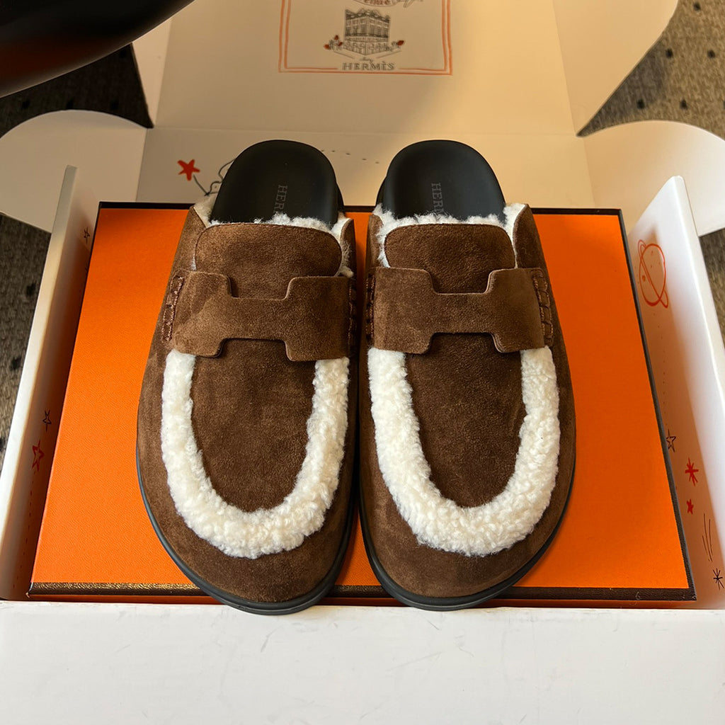 Hermes Men's And Women's Winter Boken Shoes Round Toe Flat Heel Slippers Solid Color Suede Mule Go Shoes #81519