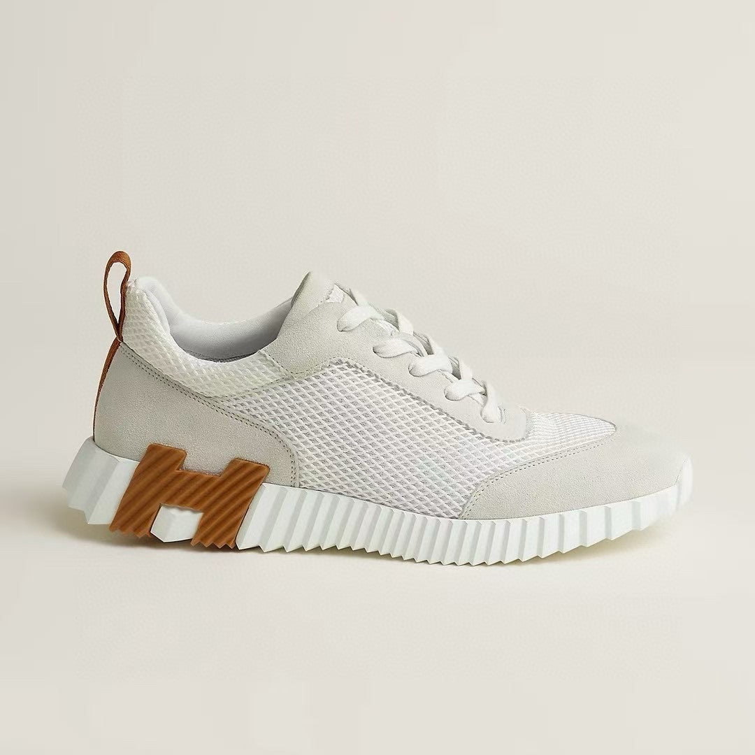 Hermes Bouncing Sneakers Men's Solid Color Leather and Suede Mesh Low-Top Lace-Up Shoes #81413