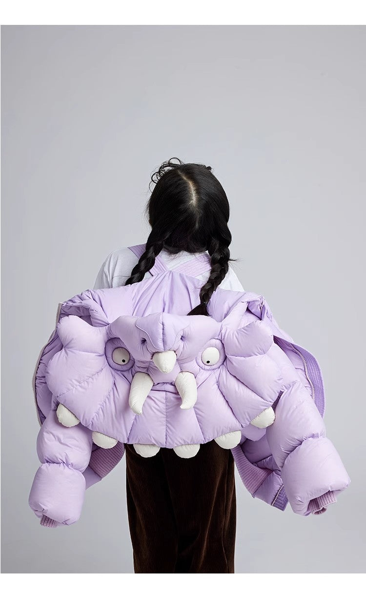 Kid's Autumn And Winter Solid Color Triceratops Jacket Thickened Short Zipper Loose Hooded Puffer Down Jacket #31322