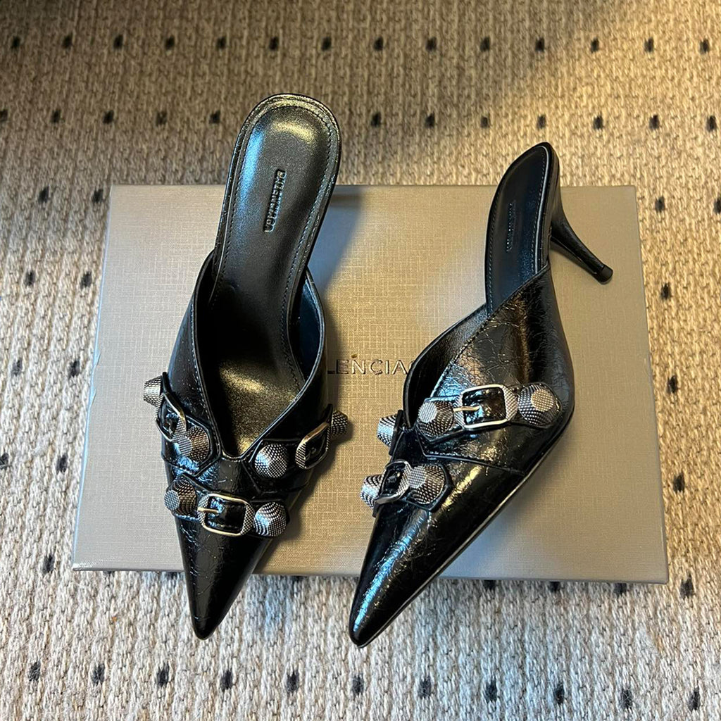 Balenciaga Cowhide Metal Buckle Rivets Pointed Toe Slippers Female External Wear High Heel Half Slippers Fine Heel 8.5cm Ngvp #1594