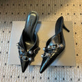 Balenciaga Cowhide Metal Buckle Rivets Pointed Toe Slippers Female External Wear High Heel Half Slippers Fine Heel 8.5cm Ngvp #1594