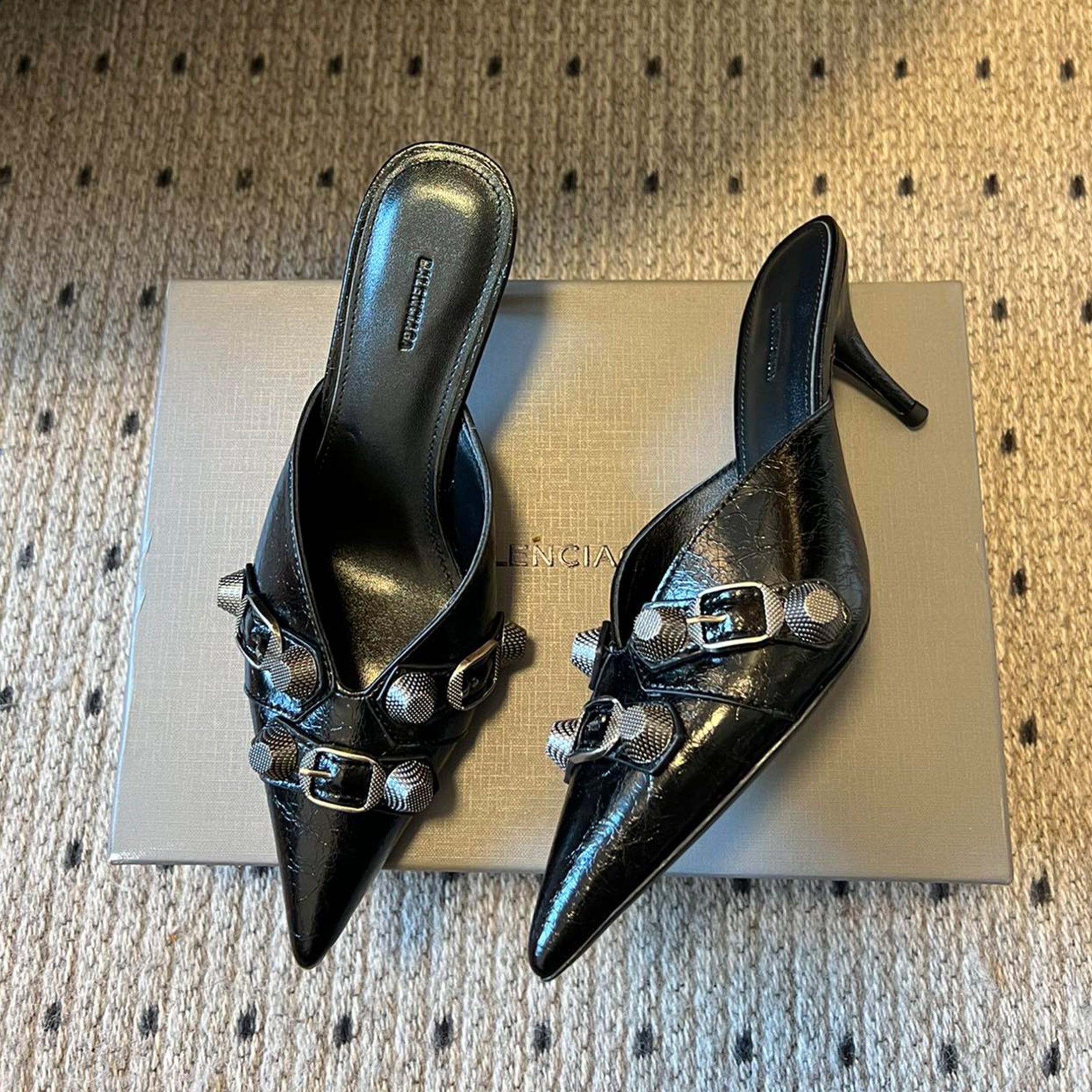 Balenciaga Cowhide Metal Buckle Rivets Pointed Toe Slippers Female External Wear High Heel Half Slippers Fine Heel 8.5cm Ngvp #1594