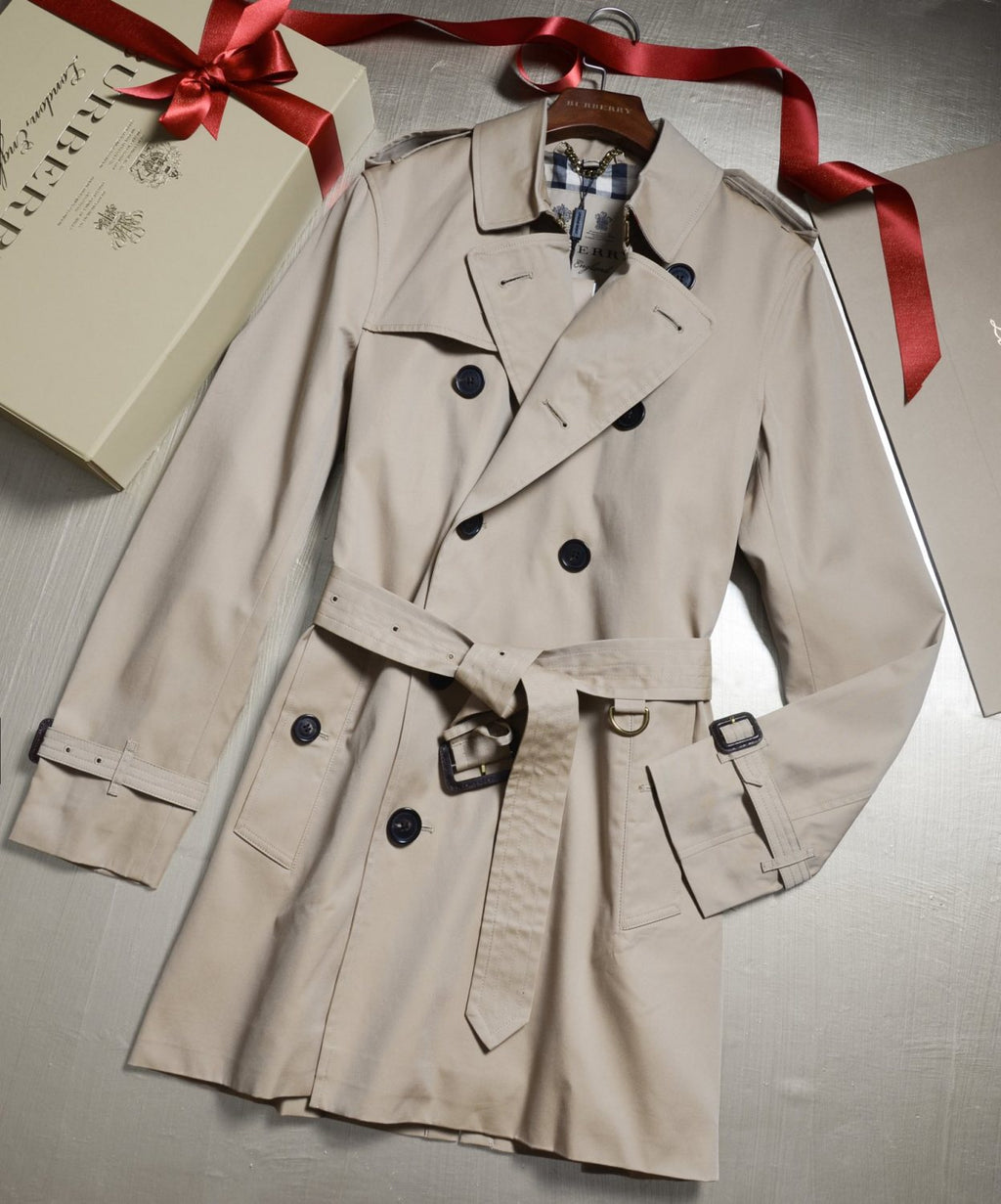 Burberry Men's Spring and Autumn Solid Color Double Breasted Mid-Length Waist Trench Coat Jacket #72856