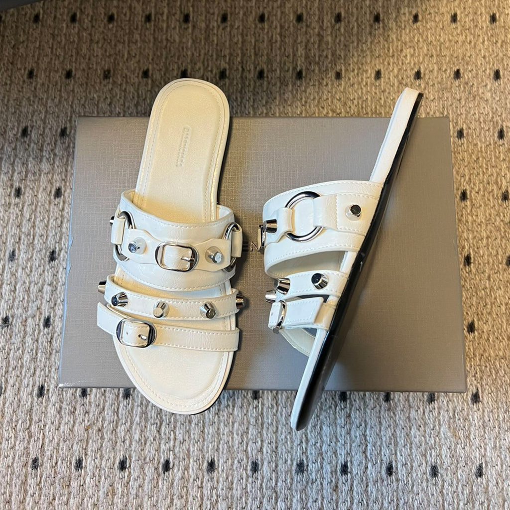Balenciaga Women's Spring And Summer Fashion Rivets Belt Buckle Round Head Flat Slippers Punk Style Cowhide Sandals Leather  Shoes Ngvp #1595