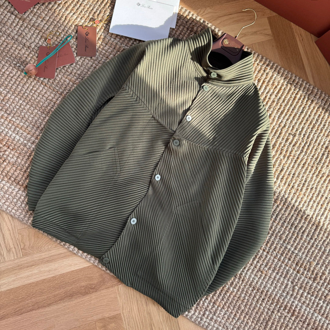 Issey Miyake Men's And Women's Spring/Fall Fashion Casual Solid Color Single Button Long Sleeve Striped Stand Up Collar Pleated Jacket #78833