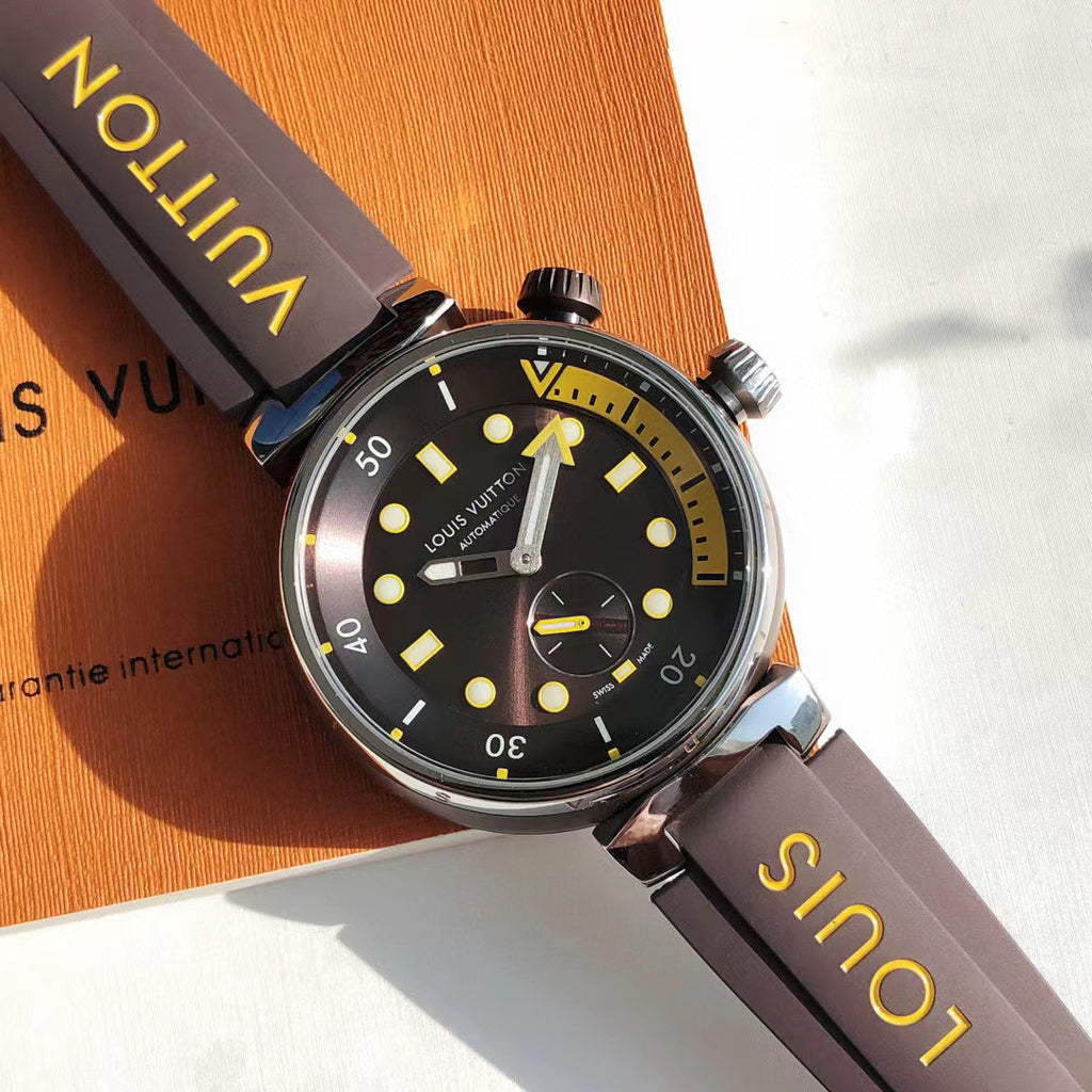 Louis Vuitton Men's TAMBOUR STREET DIVER Steel Dial Rubber Strap Automatic Mechanical Watch 44 mm #99382