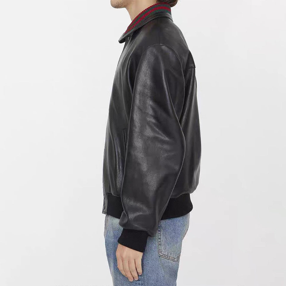 Gucci Men's Fall/Winter Striped Lapel Single Breasted Fitted Long Sleeve Black Leather Jacket Coat #99964