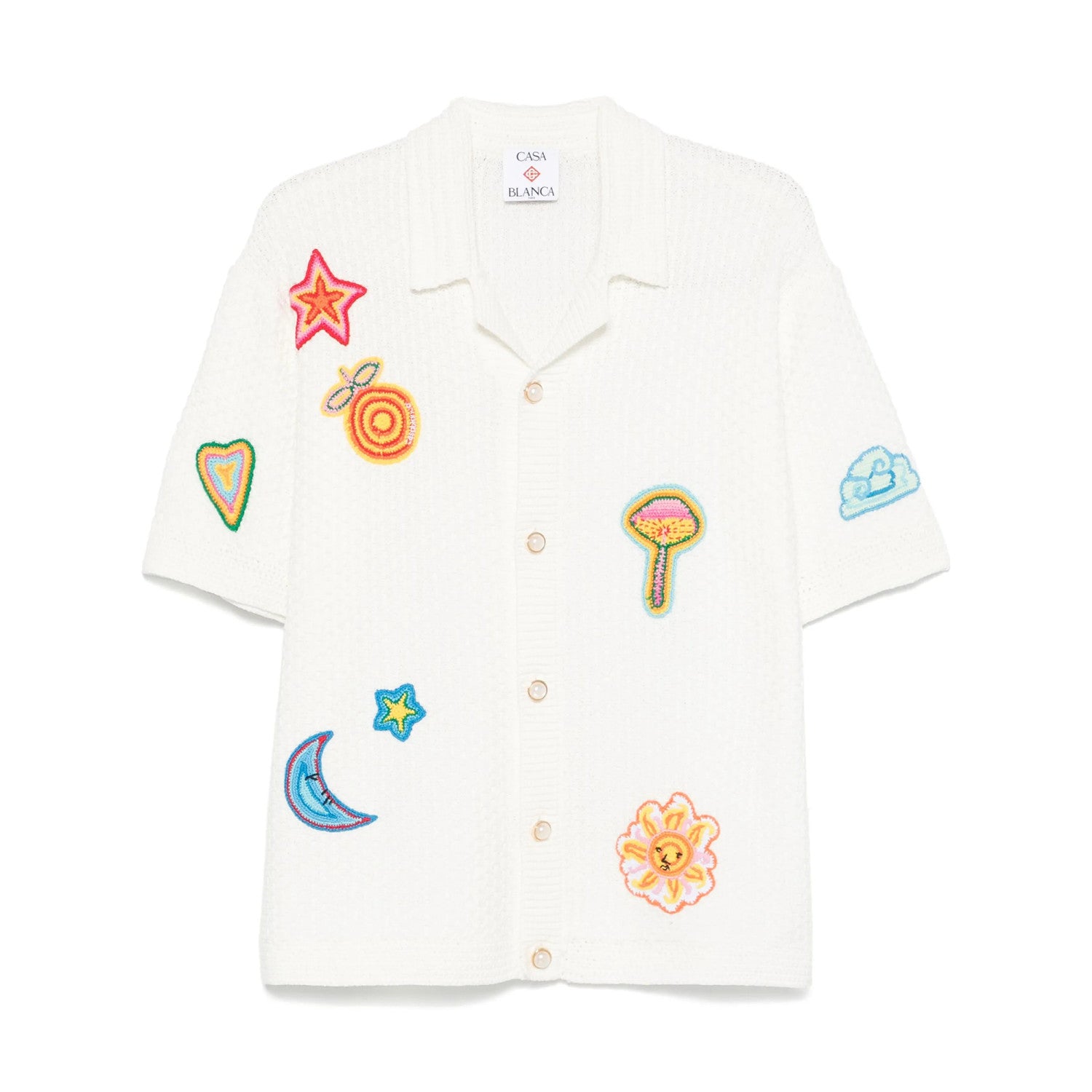 Casablanca Men's Summer Embroidered Solid-Color Cotton Loose-Fit Knit Short-Sleeve Shirt Casual Drawstring Mid-Rise Motif Crochet Shorts Suit Set Ngvp #2392