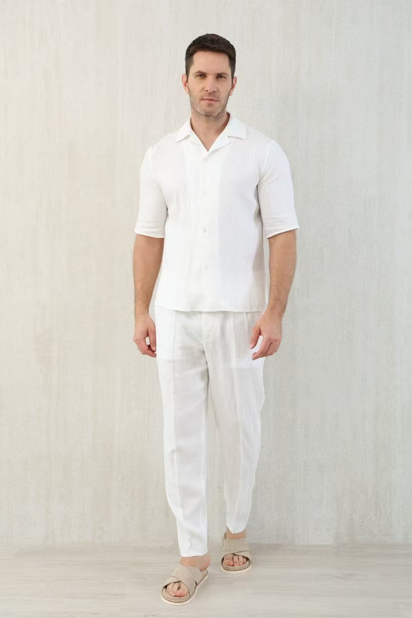 Brunello Cucinelli Men's Linen Loose Summer Single-Breasted Solid Color Lapel Short Sleeve Shirt Ngvp #1454