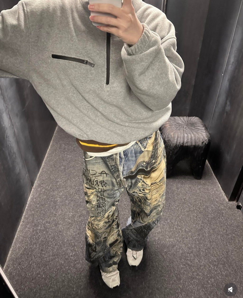 Acne Studios Men's Spring And Summer Ripped Graffiti Mise-en-scène Effect Print Denim Pants Super Loose Fit Jeans Fashion High Street Casual Blue Straight Trousers Ngvp #1186