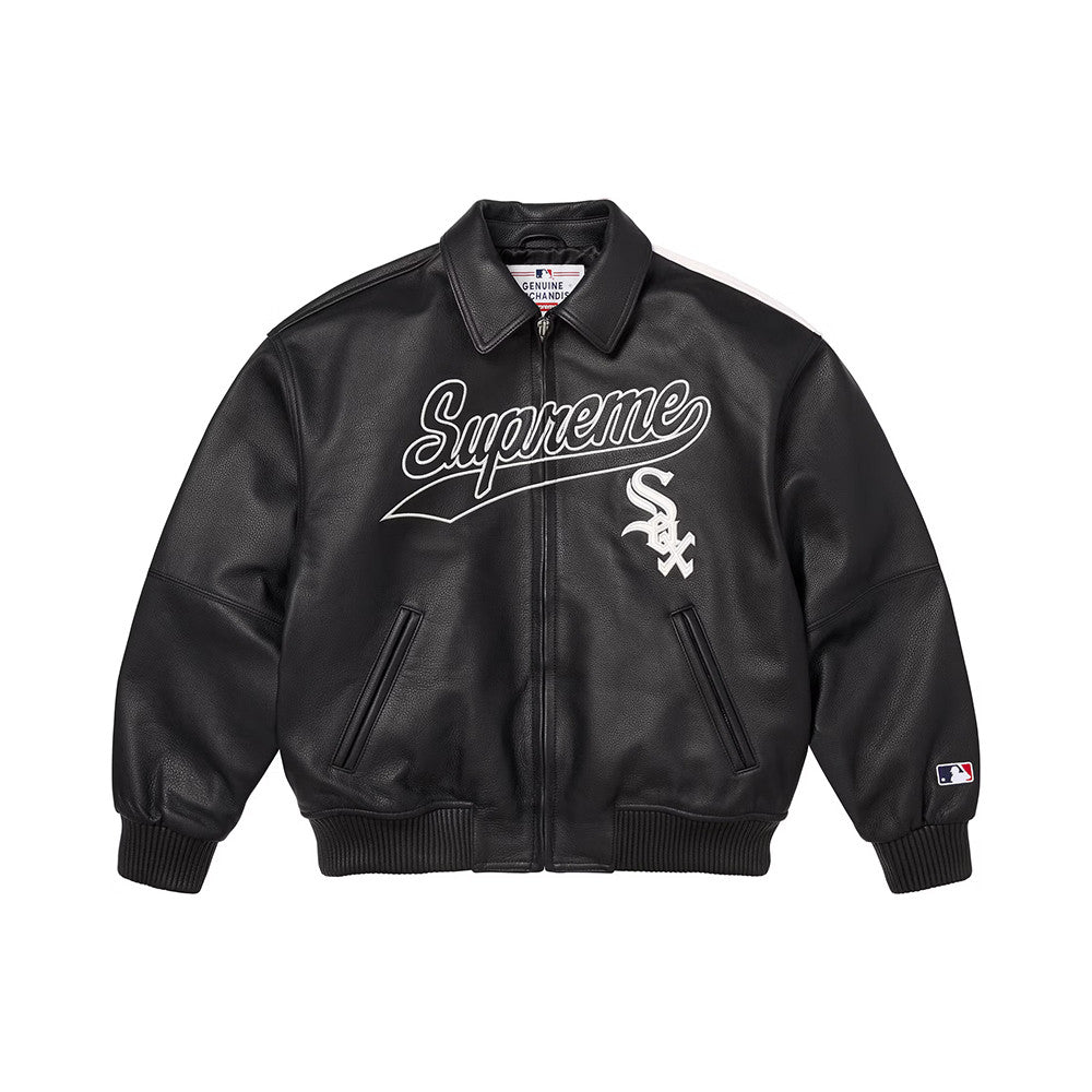 Supreme x Chicago White Sox FW25 WEEK5  Men's and Women's Leather Logo Patch Zipper Closure Varsity Jacket #332978