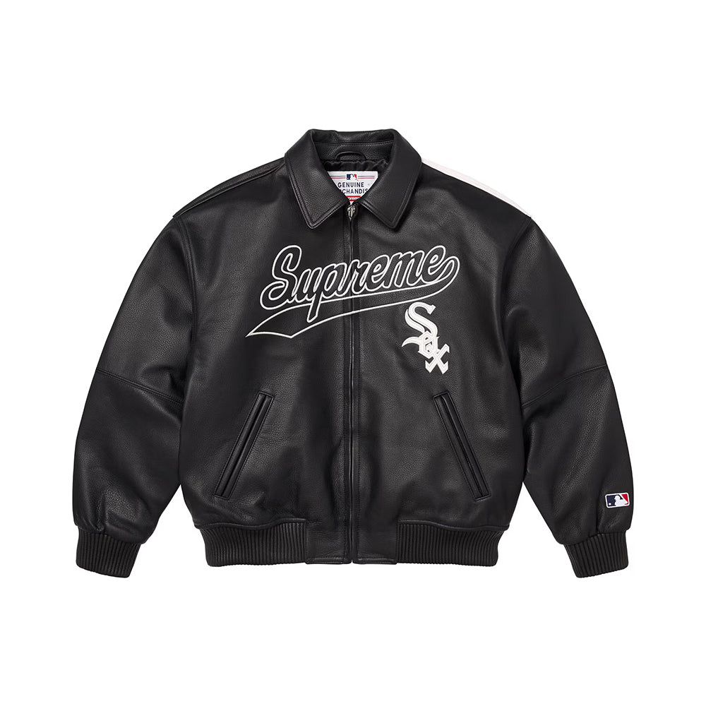 Supreme x Chicago White Sox FW25 WEEK5  Men's and Women's Leather Logo Patch Zipper Closure Varsity Jacket #332978