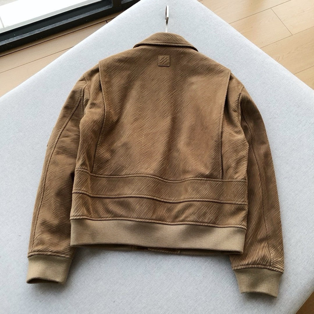 Louis Vuitton Men's Autumn and Winter Solid Color Lapel Twill Fabric Calfskin Long Sleeve Aviator Jacket #74574