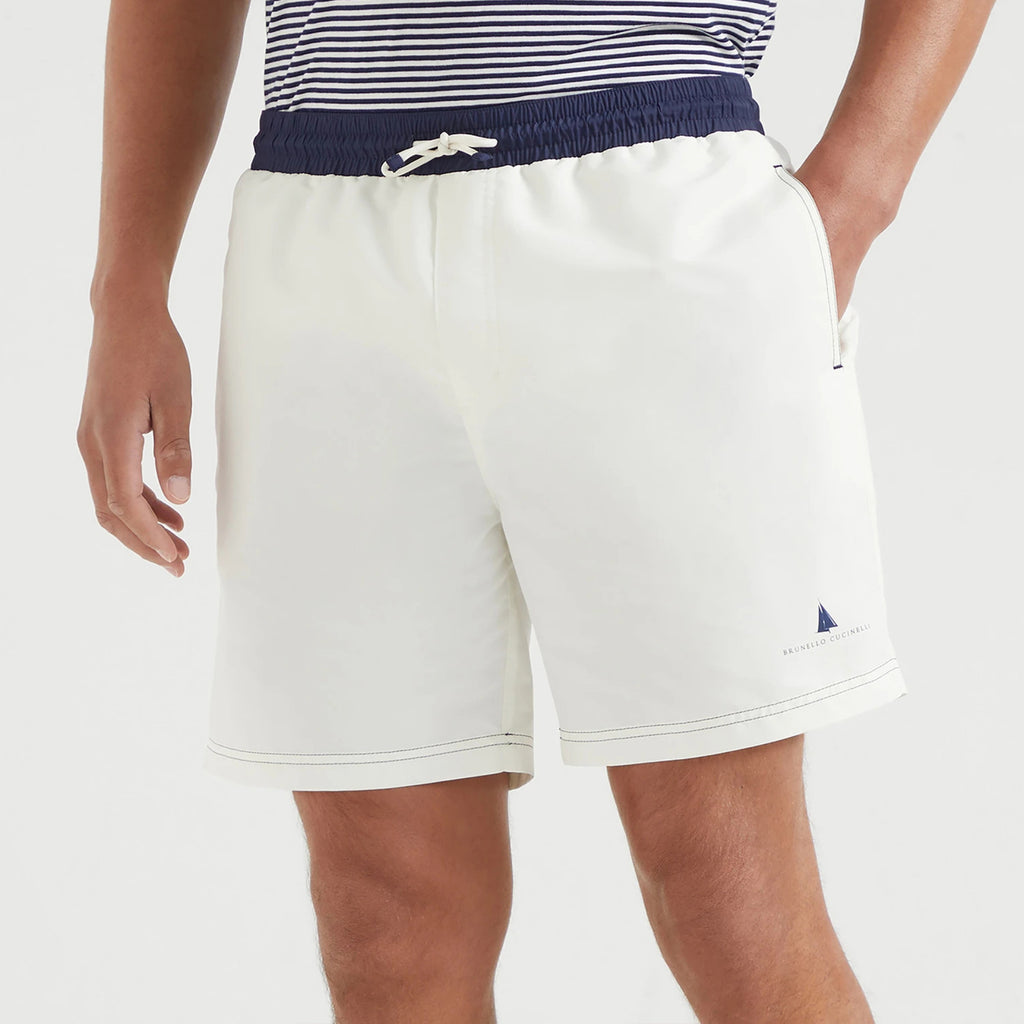 Brunello Cucinelli  Nylon Swim Shorts With Contrast Details And Print Men's Spring Summer Holiday Beach Shorts Colour Block Fashion Casual Pants #77277