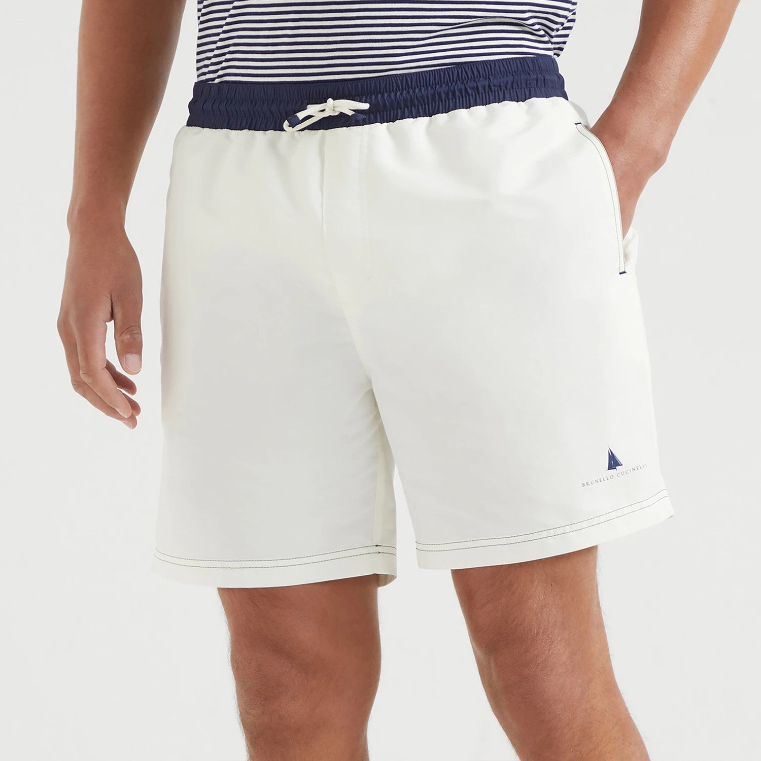 Brunello Cucinelli  Nylon Swim Shorts With Contrast Details And Print Men's Spring Summer Holiday Beach Shorts Colour Block Fashion Casual Pants #77277
