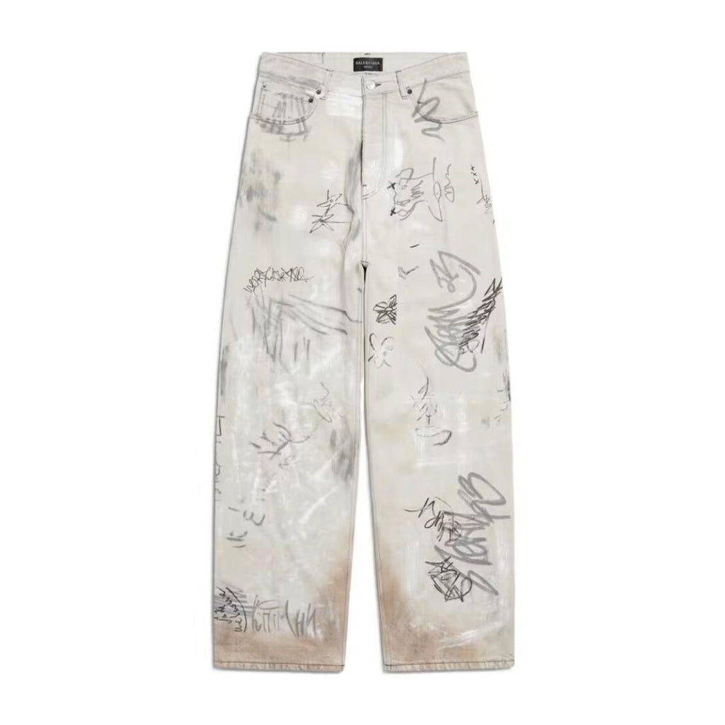 Balenciaga Men's Spring And Autumn Graffiti Retro Old Workwear Pants White Baggy Jeans High Street Fashion Straight Casual Pants Ngvp #1184