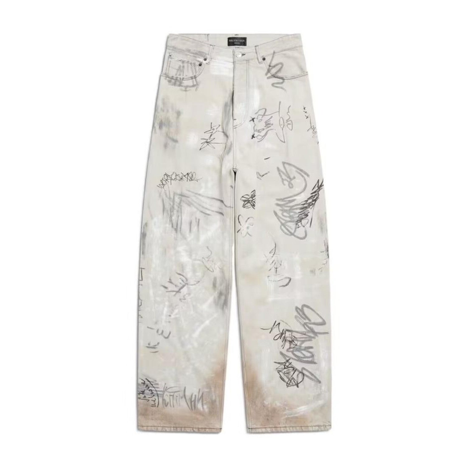Balenciaga Men's Spring And Autumn Graffiti Retro Old Workwear Pants White Baggy Jeans High Street Fashion Straight Casual Pants Ngvp #1184