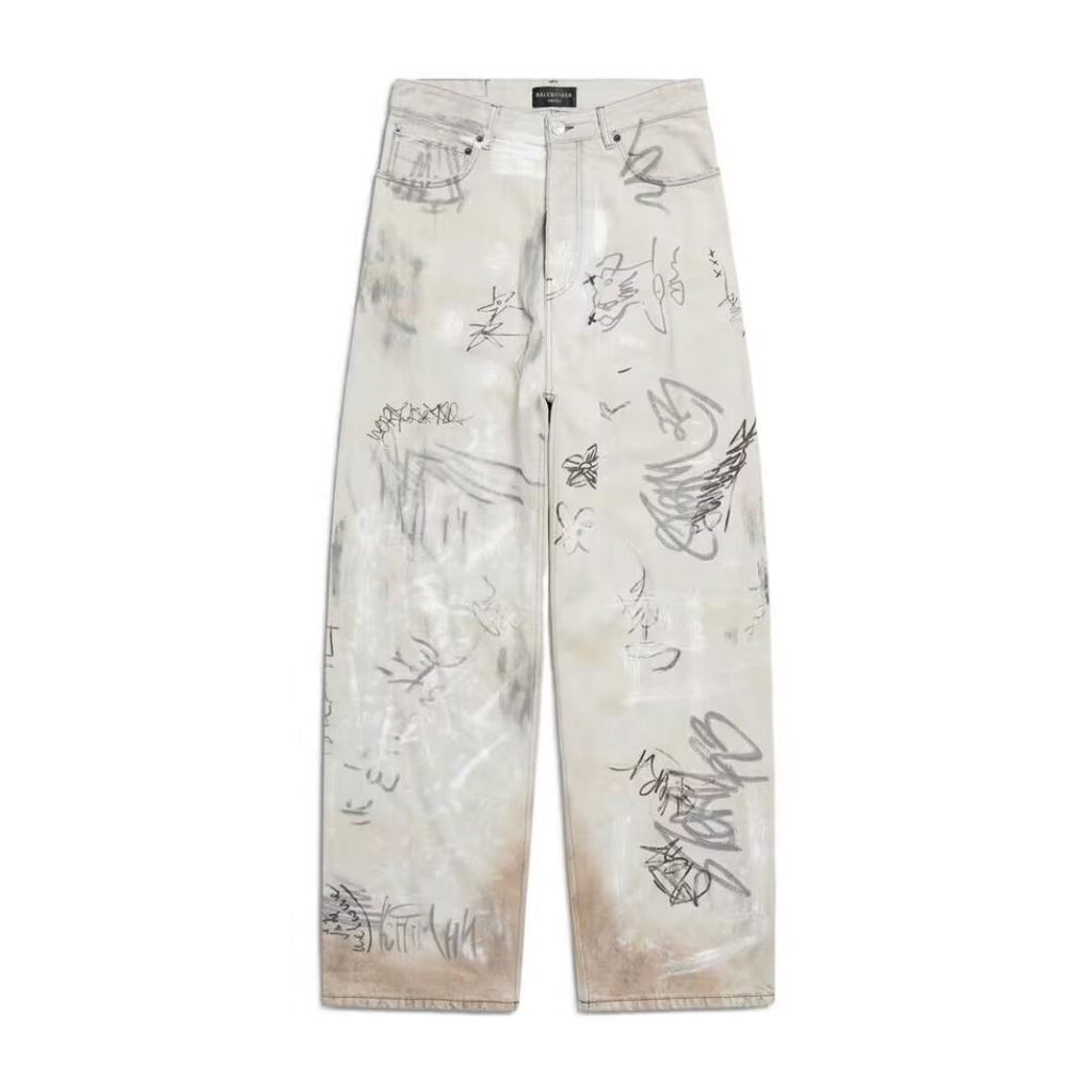 Balenciaga Men's Spring And Autumn Graffiti Retro Old Workwear Pants White Baggy Jeans High Street Fashion Straight Casual Pants Ngvp #1184
