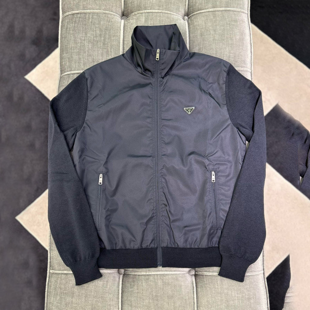 Prada Men's Spring/Fall Fashion Casual High Neck Zipper Triangle Logo Knit Patchwork Nylon Jacket #79173