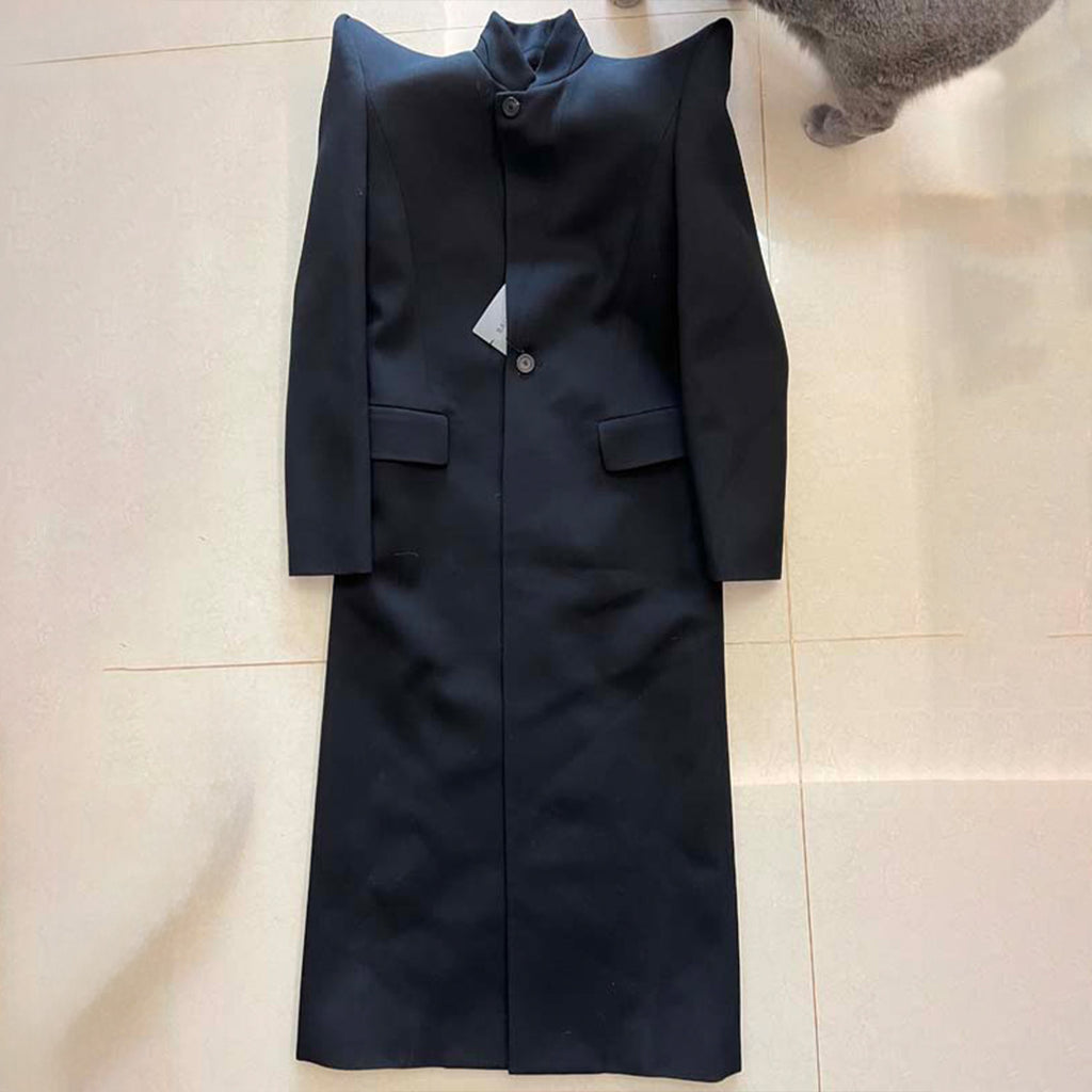 Rick Owens Men's Retro High Padded Shoulder Pointed Corner Suit Black Long Standing Lapel Fashion High Street Handsome Single Breasted Jacket #71991