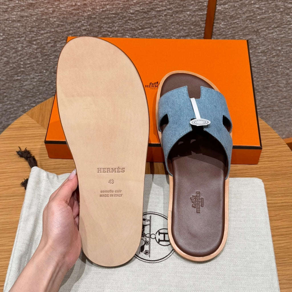 Hermes  Men's Summer Izmir Sandals Embroidered Leather Cowboy Round Toe Flat Casual Slippers Shoes #81317