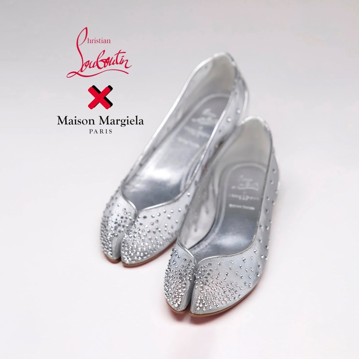 Christian Louboutin X Maison Margiela Women's Spring And Summer New Mesh Temperament Rhinestone Split Toe Flat Shoes Versatile Ballet Shallow Mouth Single Shoes Ngvp #1494