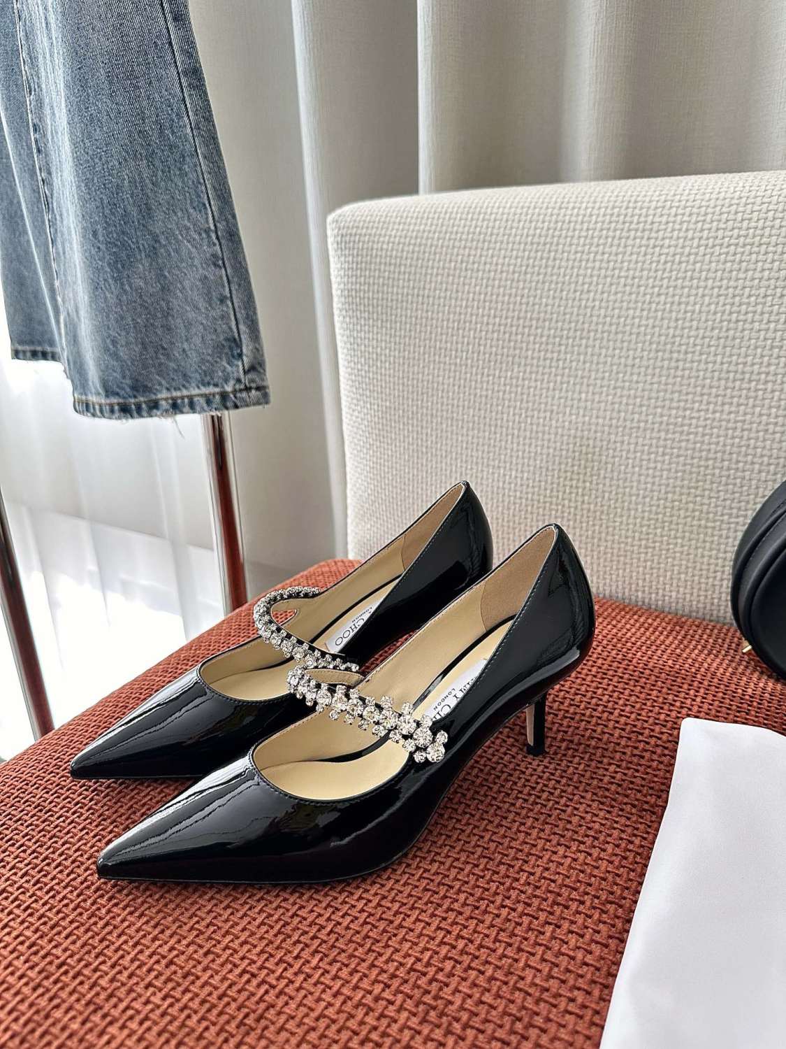 JIMMY CHOO BING PUMP 65 Women's Summer Solid Color Crystal Decorated Patent Leather High Heels Shoes #77334