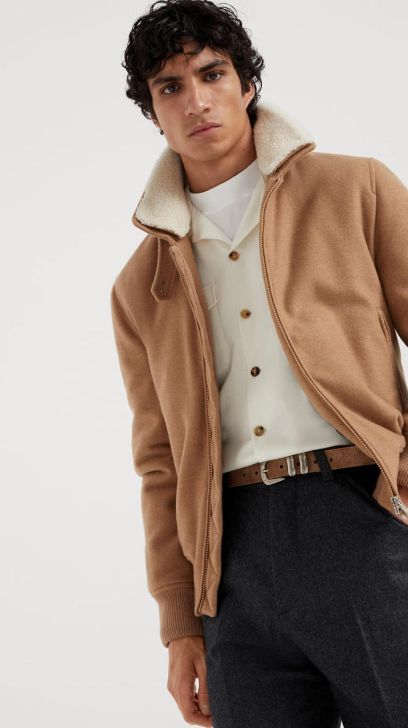 Brunello Cucinelli Men's Spring/Autumn Double-Chain Head Zipper Solid Color Detachable Collar Long Sleeve Pilot Jacket Ngvp #2291