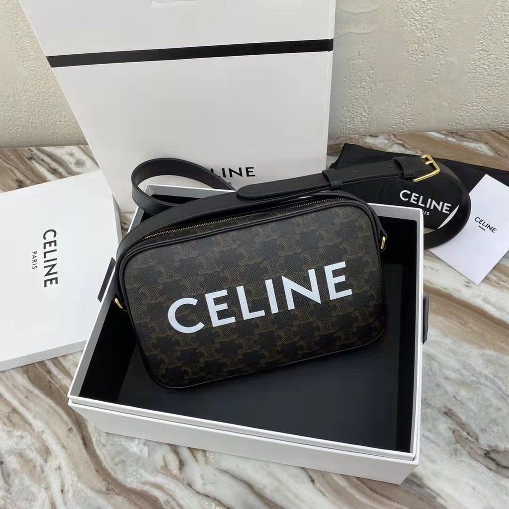 Celine Triomphe Men's Black Zipper Closure Printed Canvas Calfskin Shoulder Crossbody Bag Bags #75812