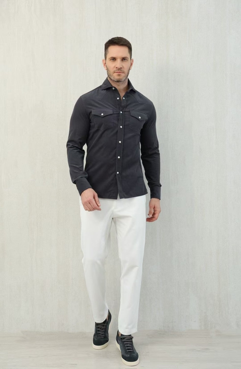 Brunello Cucinelli Men's Spring And Fall Cotton Lapel Solid Color Single-Breasted Chest Pocket Long Sleeve Fitted Shirt Ngvp #1557