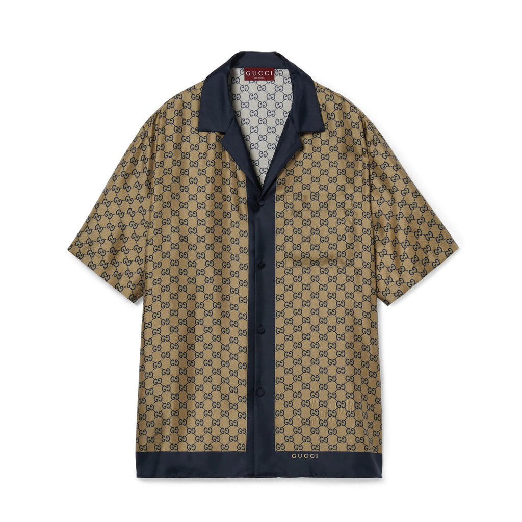 Gucci Men's Summer Logo Full Print Single Breasted Short Sleeve Shirt Stretch Waist Casual Shorts Set Suit #75828