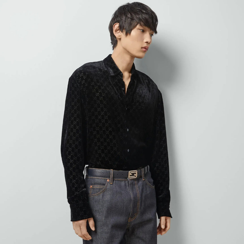 Gucci Men's Spring And Fall Black Logo Pattern Printed Velvet Single breasted Long Sleeved Shirt #72673