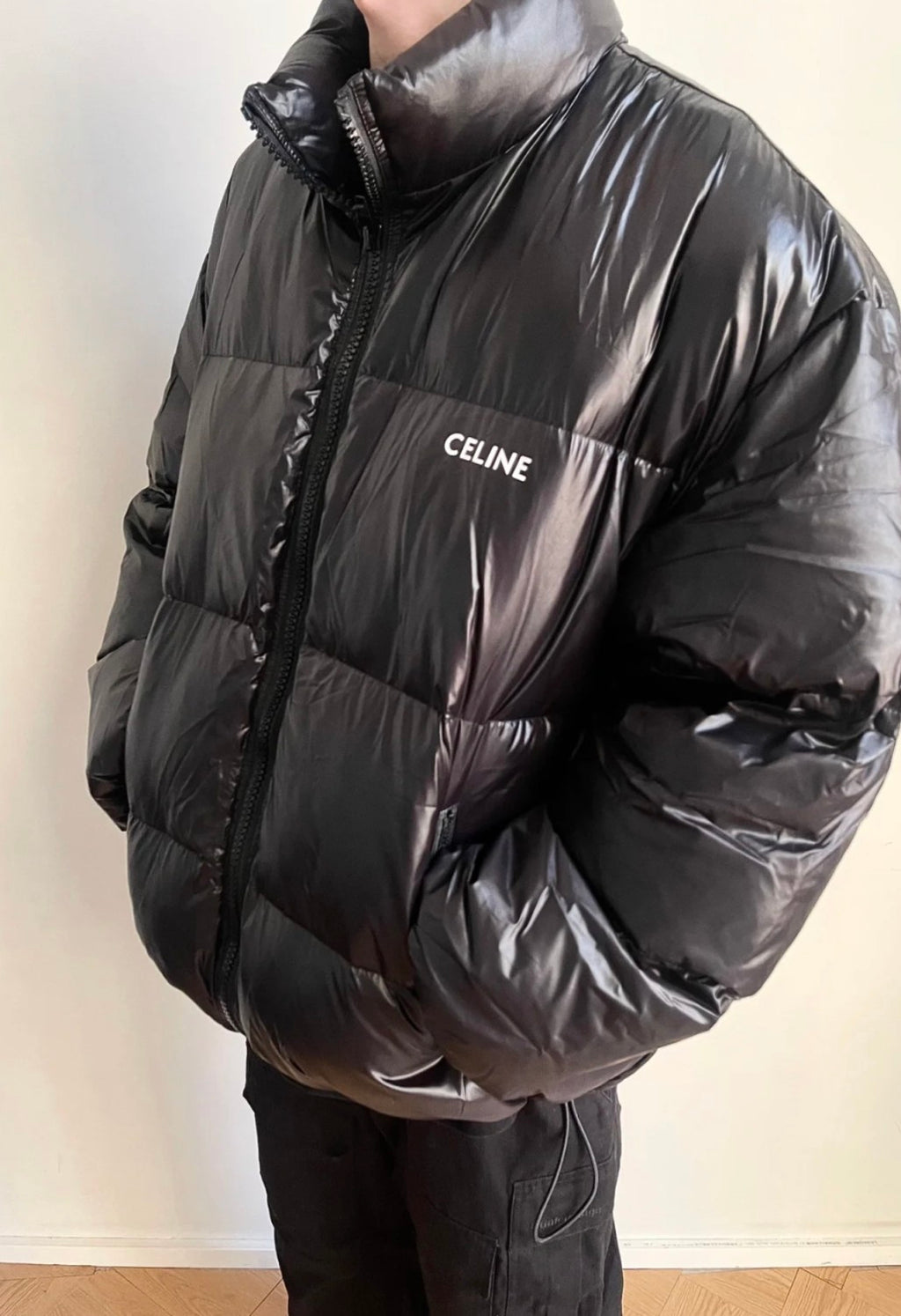 Celine Men's Women's Autumn And Winter Printed Lightweight Nylon Down Jacket Fashion Loose Casual Black Trend 90 White Goose Down Down Jacket #81646