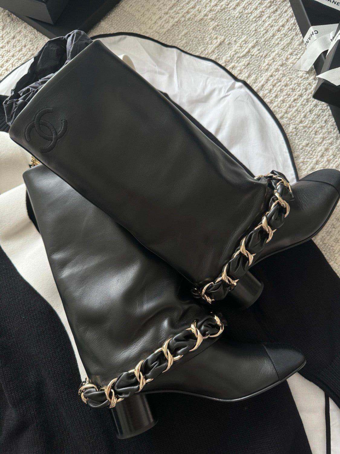 Chanel High Boots Lambskin Grosgrain Black #335049