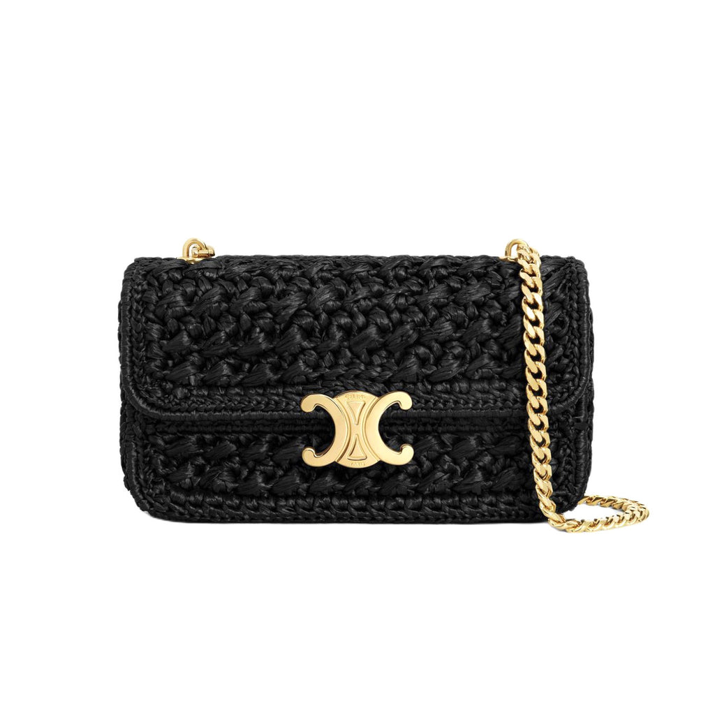 Celine TRIOMPHE Women's Monogrammed Gold Buckle Raffia Woven Solid Color Crossbody Shoulder Bag Bags #76673