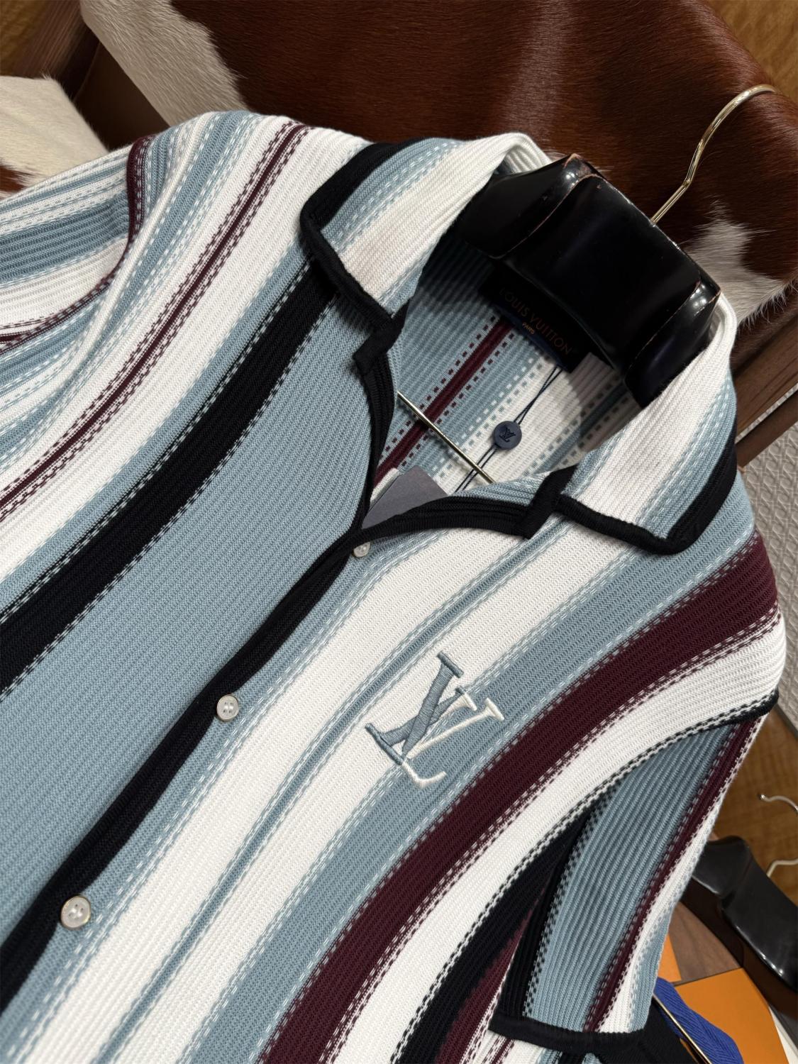 Louis Vuitton  Men's Summer Striped Crochet Single Breasted Short Sleeve Shirt Casual Lace-Up Shorts Suit Set #76893