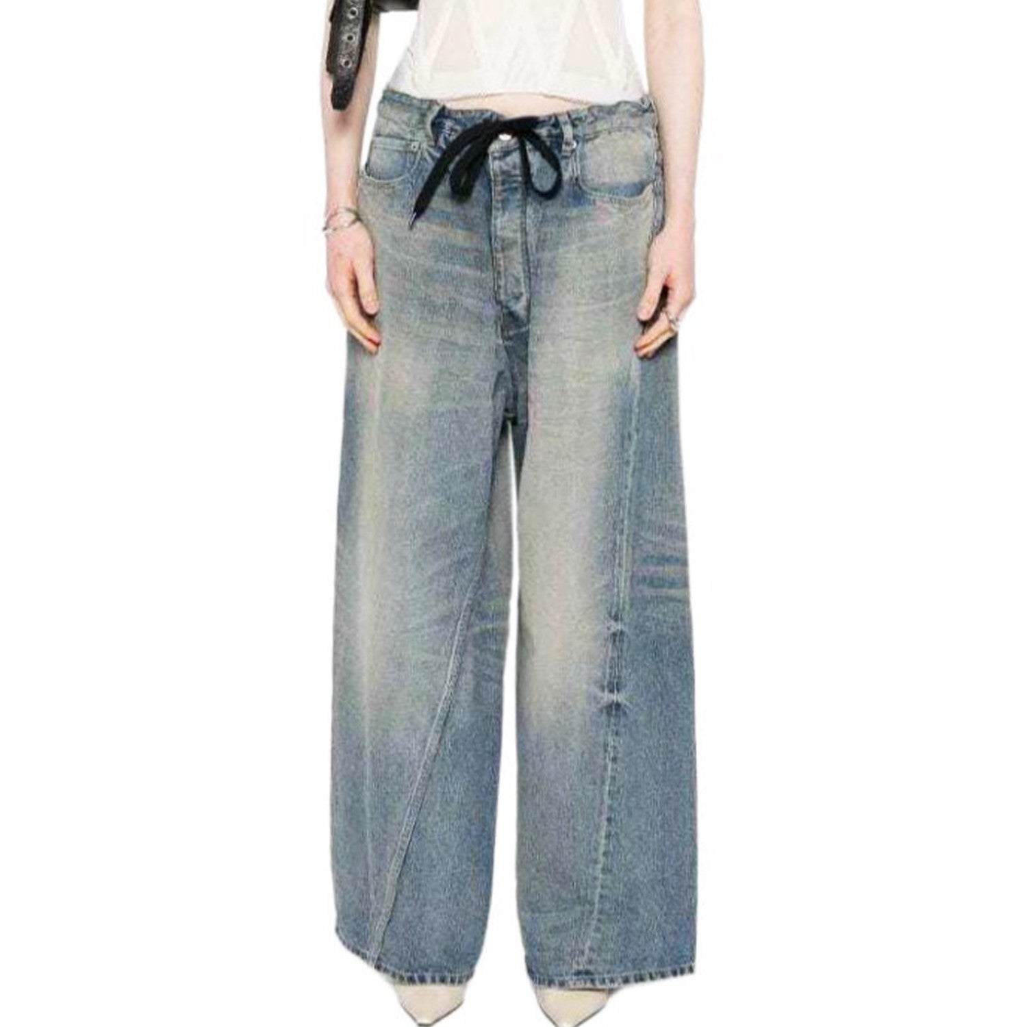 Balenciaga Men's And Women's Seasonal Lace Up Waistband Vintage Broken High Street Gradient Straight Leg Jeans Pants Ngvp #8765