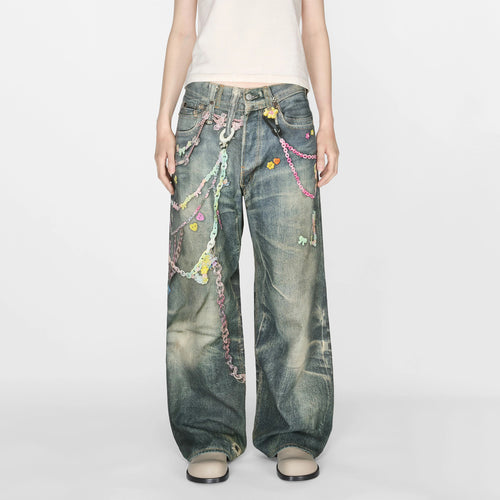 Acne Studios Men's Women's Four Seasons Chain Printed Loose Low Waist Solid Color Baggy Fit  Leg Denim Pants Ngvp #1386
