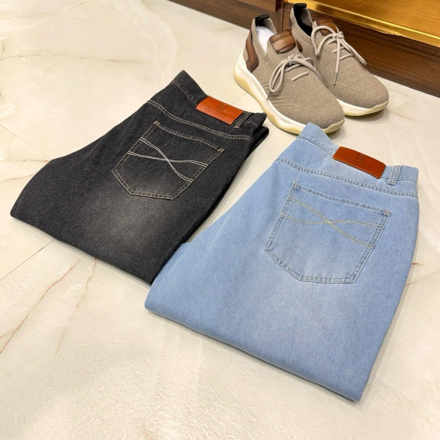 Brunello Cucinelli Men's Spring/Autumn Solid Colour Embroidered Logo Pure Cotton Denim Trousers Pants #77883