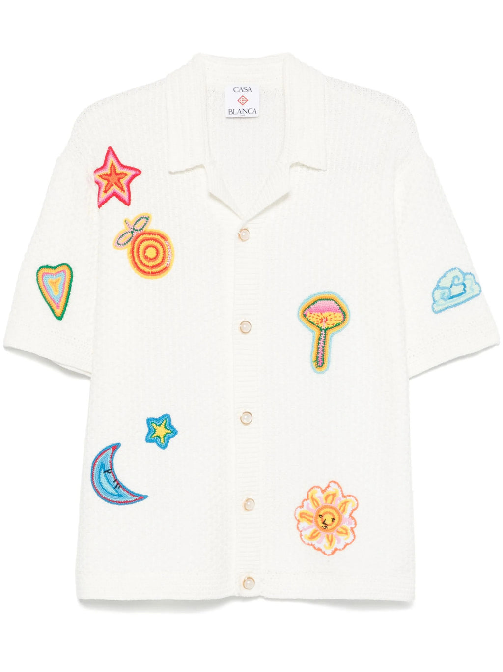 Casablanca Men's Summer Embroidered Solid-Color Cotton Loose-Fit Knit Short-Sleeve Shirt Casual Drawstring Mid-Rise Motif Crochet Shorts Suit Set Ngvp #2392