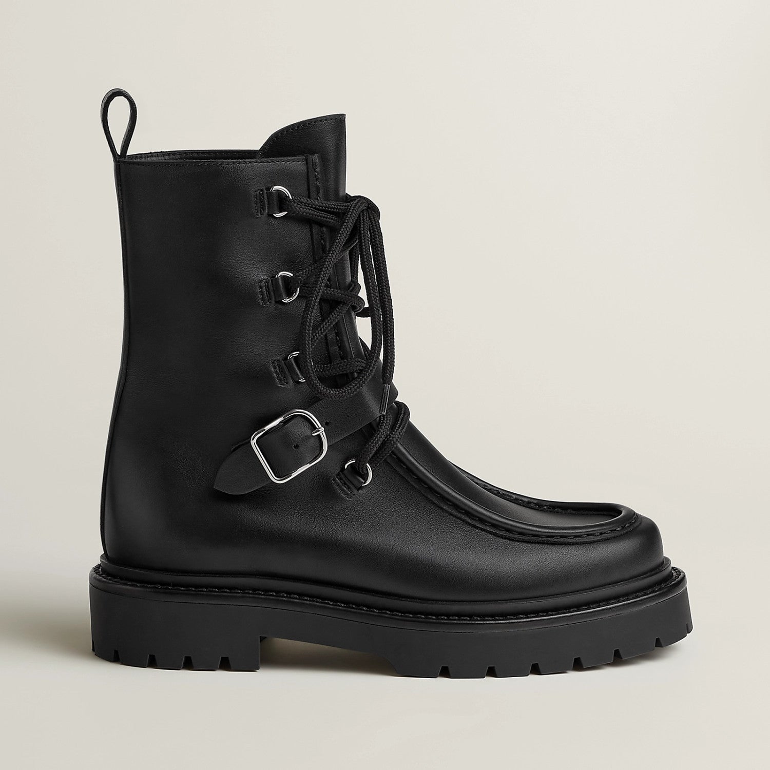 Hermes Women's Fall/Winter Land Ankle Boots Solid-Color Cowhide Lace-Up Short Boots Outdoor Boots Heel Height: 3.5cm Shoes Ngvp #2325