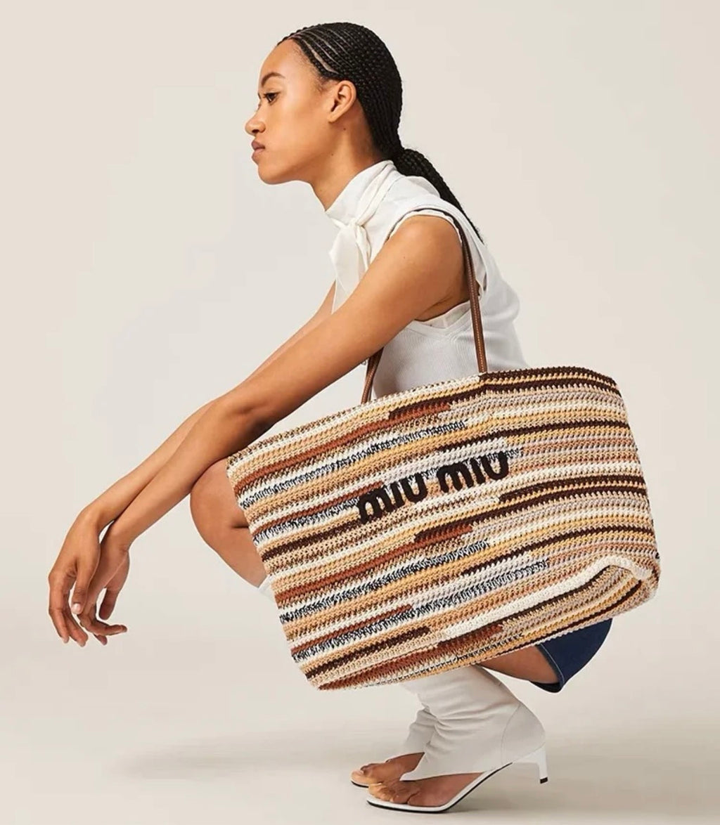 MiuMiu Women's Multicolour Embroidery Logo Crochet Shopping Bag Shoulder Handbag Tote Bags #76741